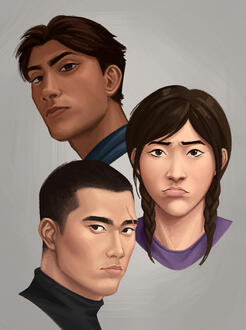 Headcanon portraits of Mute, Dokkaebi, and Vigil from R6S